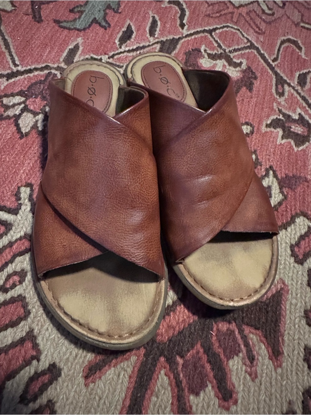 b.o.c. Brown Leather Crisscross Mule Slides